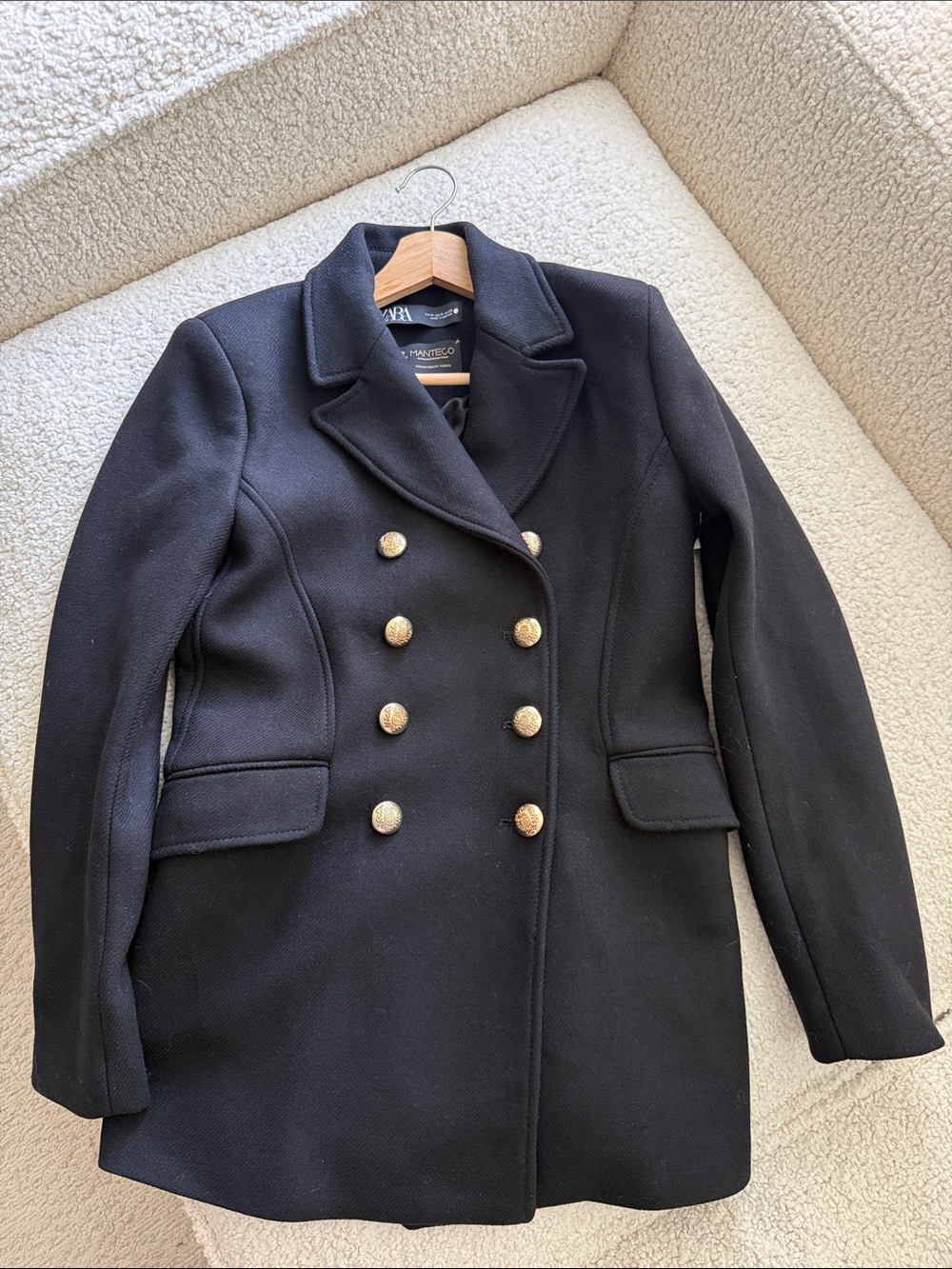 Zara Black Wool Blend Double-Breasted Military Blazer with Gold Buttons Size M